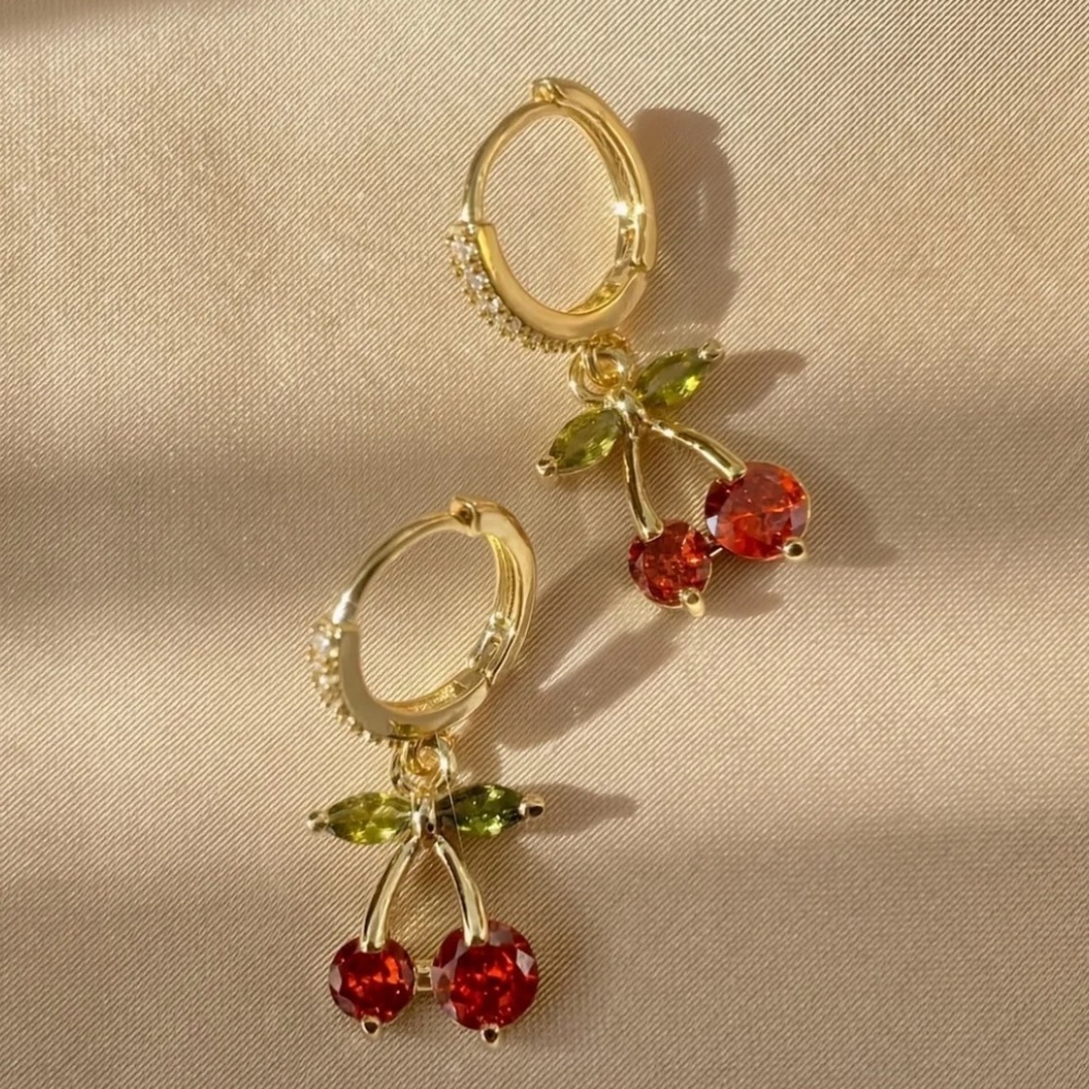 Cherry Elegant 18K Gold Plated w/Synthetic Zirconia Copper Fruit Dangle Earrings